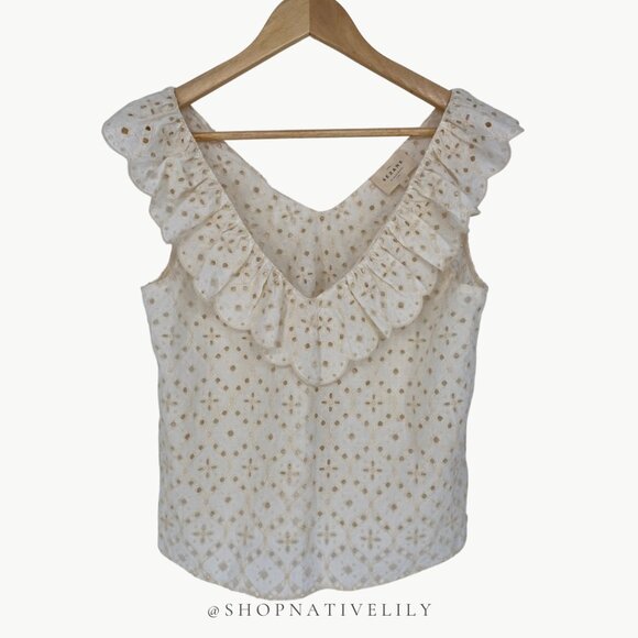 Sézane Women's Eyelet Ruffle V-Neck Gold Blouse Tank | 38 (US 6) | Ecru (Cream) - Picture 2 of 12